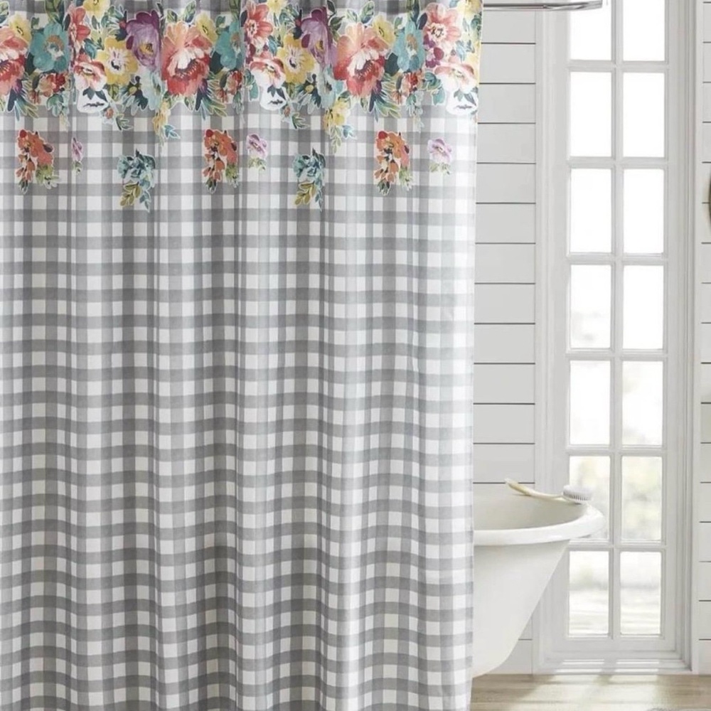 The Pioneer Woman Multicolor Floral and Gray Checkered Shower Curtain